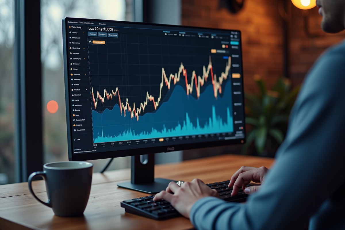 Graphique numérique de Dogecoin avec clavier et tasse dans un espace moderne