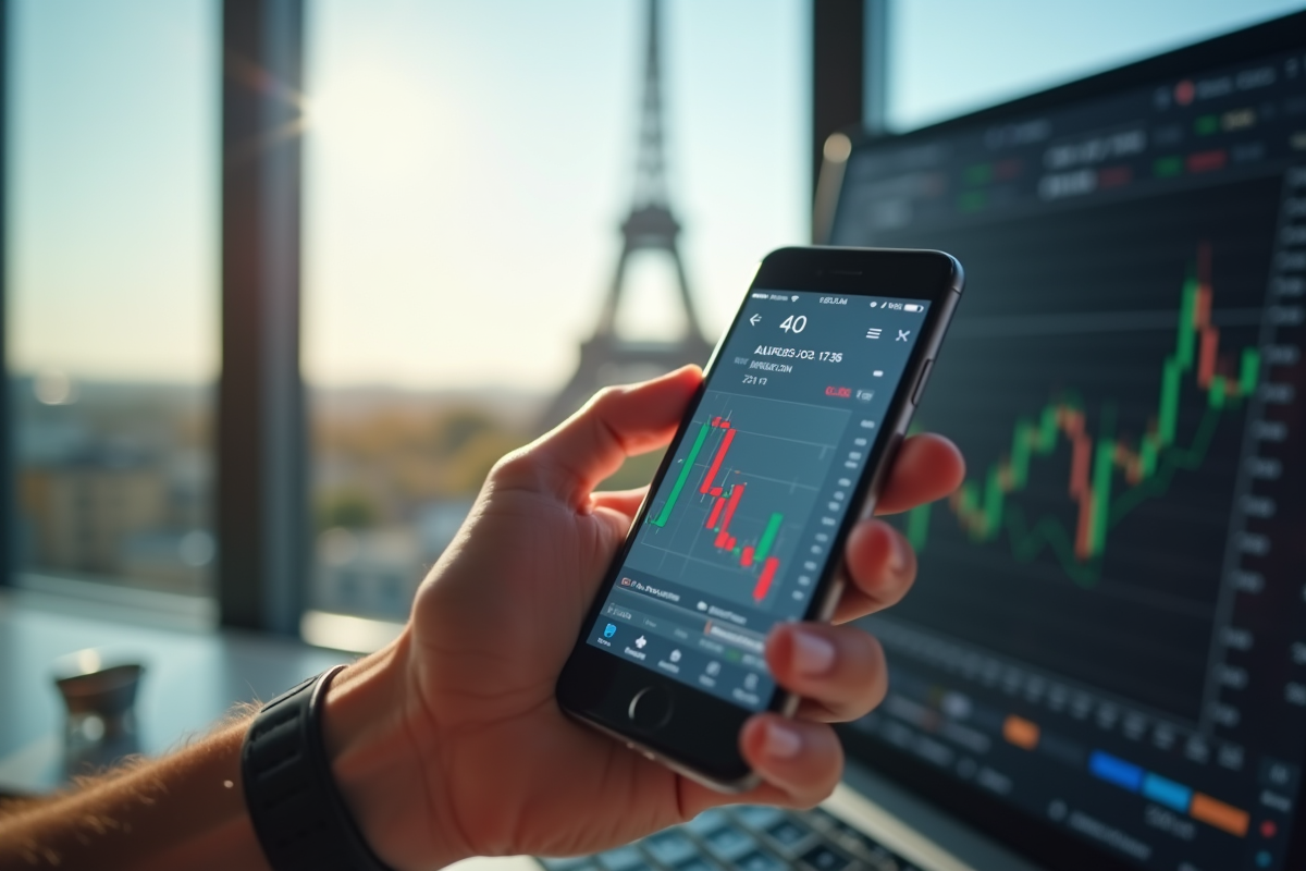 Main tenant un smartphone avec graphique CAC 40 et Tour Eiffel en arrière-plan