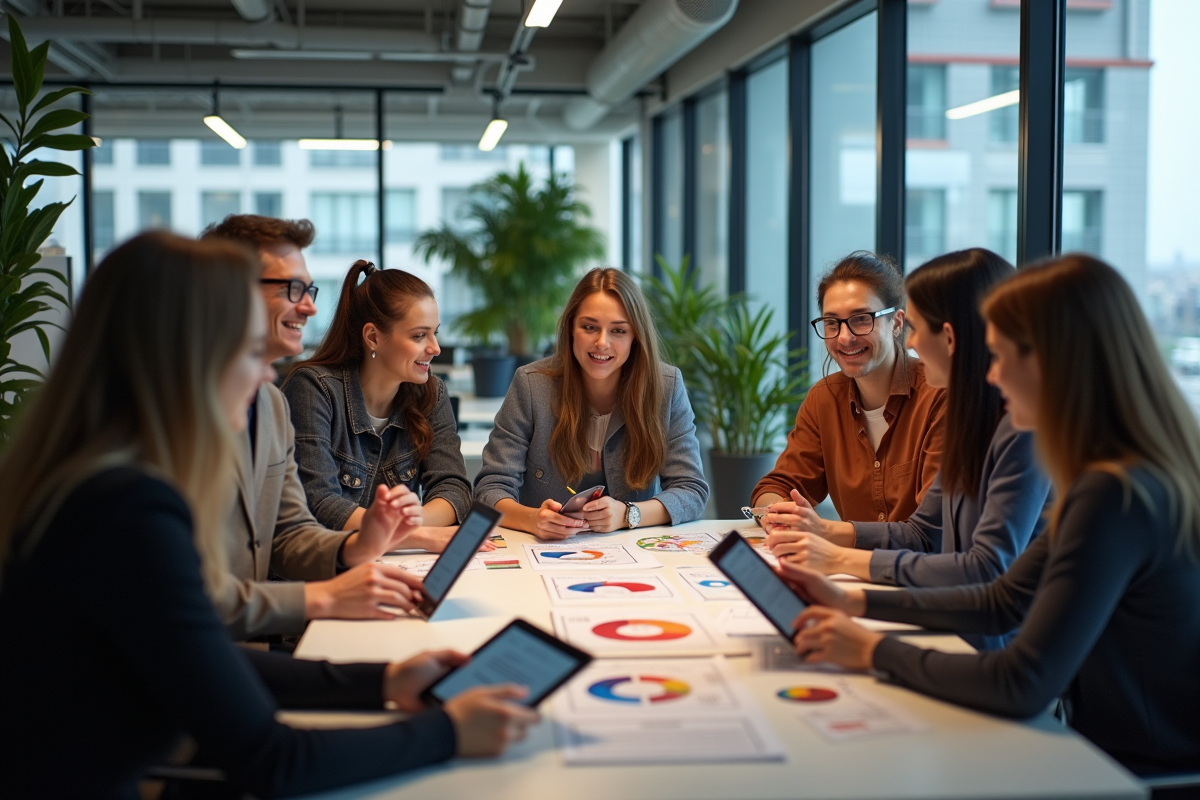 Groupe de jeunes professionnels discutant de tendances