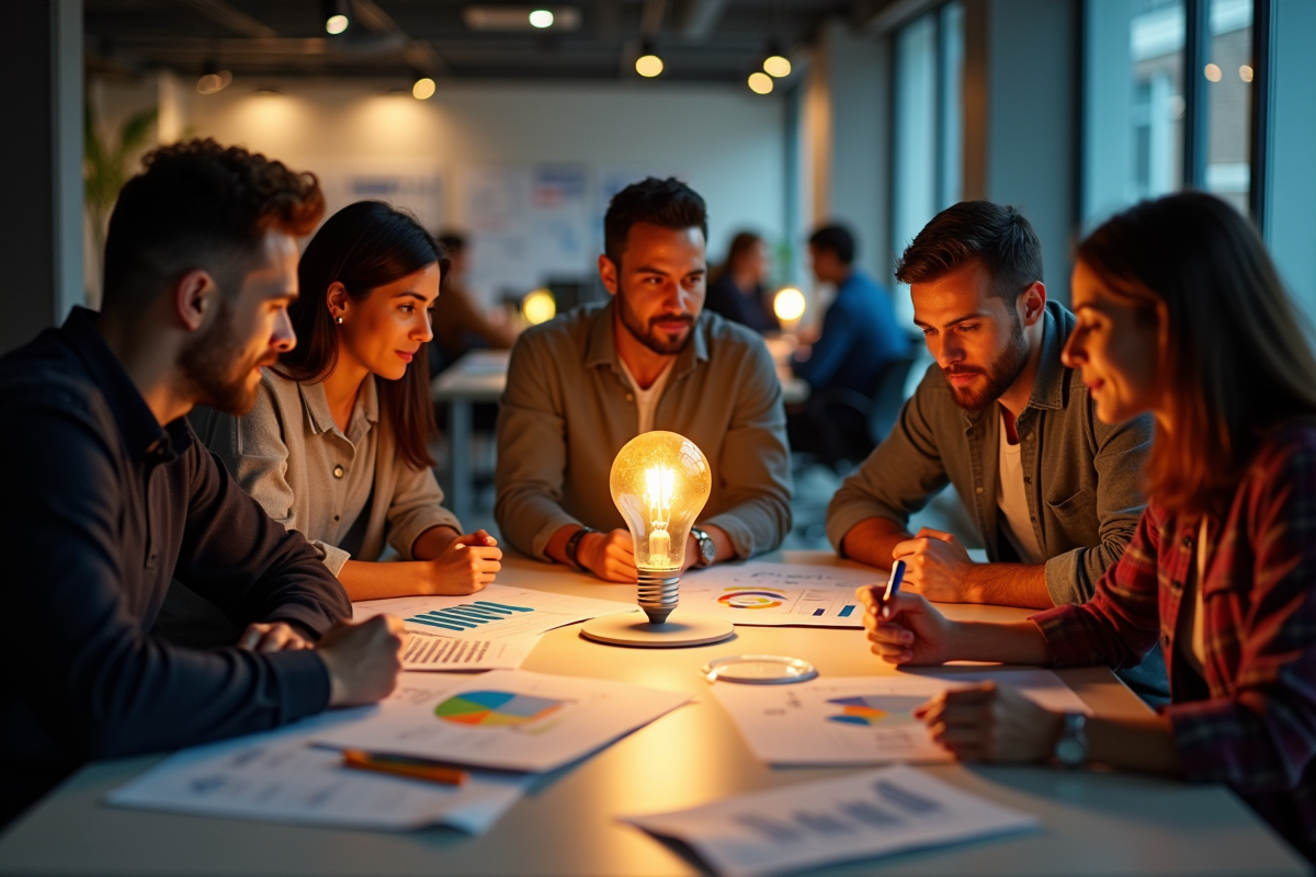 Groupe diversifié travaillant autour de graphiques et idées créatives