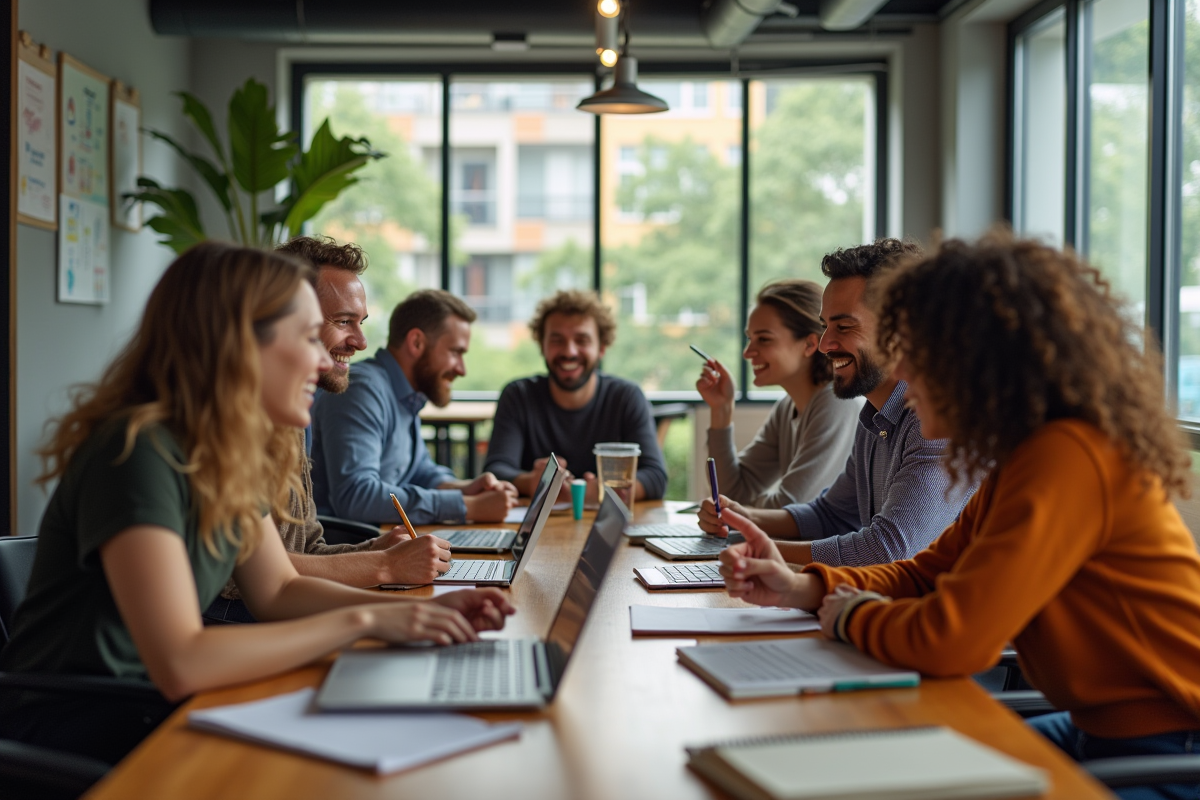 Groupe diversifié en brainstorming dans un espace de coworking lumineux