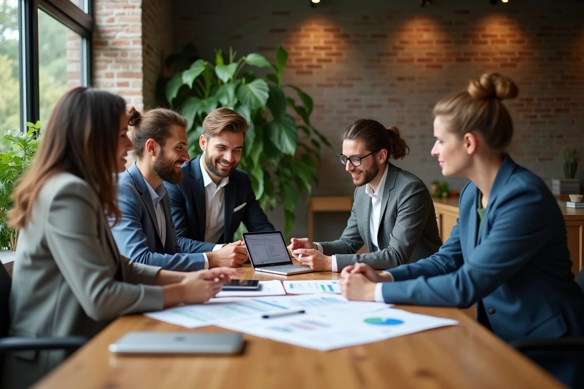Groupe d'entrepreneurs en réunion dans un espace coworking