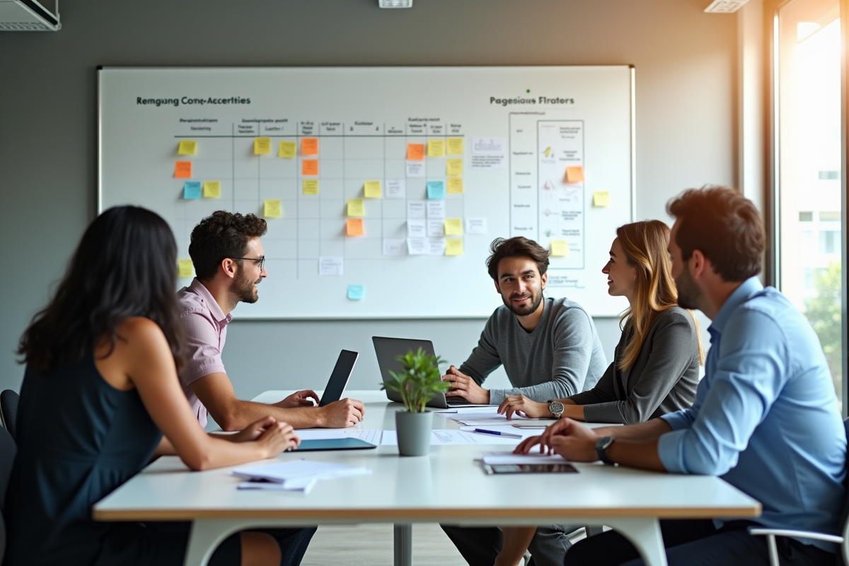 Groupe de professionnels en réunion dans un bureau lumineux