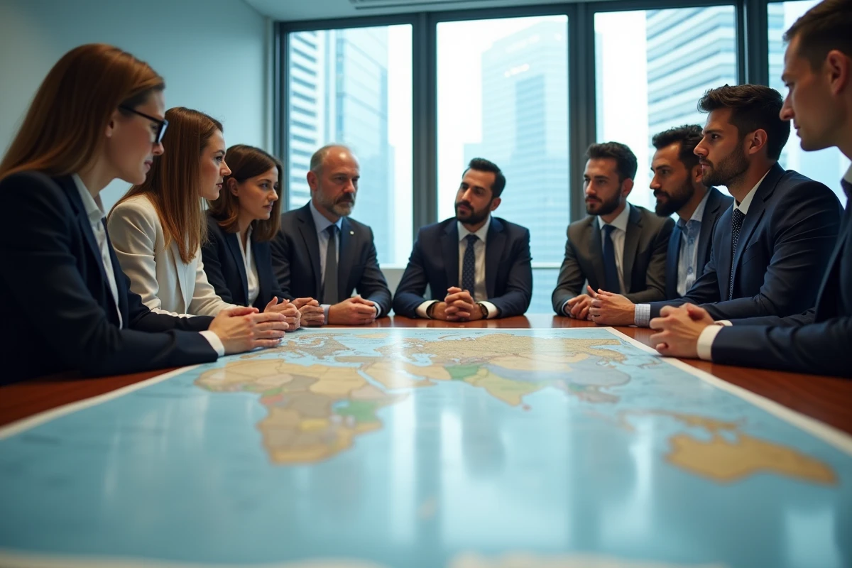 Groupe de professionnels autour d'une carte du monde en réunion