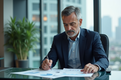 Homme d'affaires en costume bleu dans un bureau moderne