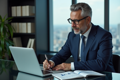 Homme d'affaires en costume analysant des graphiques financiers