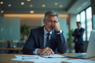 Homme d'affaires inquiet dans une banque moderne