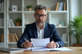 Homme d'affaires en costume examine documents dans son bureau