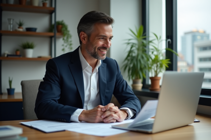 Homme d'affaires en costume regardant des documents financiers