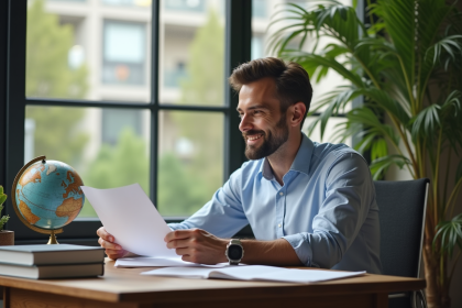 Homme d'affaires relisant des documents avec espoir