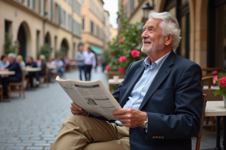 Homme âgé assis au café dans une ville pittoresque