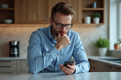 Homme en bleu consulte son application bancaire à la maison