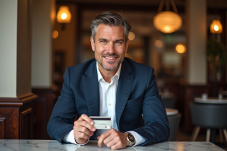 Homme en blazer bleu tenant une carte bancaire haut de gamme
