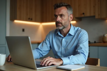 Homme d'&acirc;ge moyen au bureau cuisine moderne