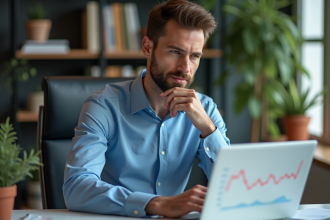 Homme pensif au bureau avec graphiques financiers