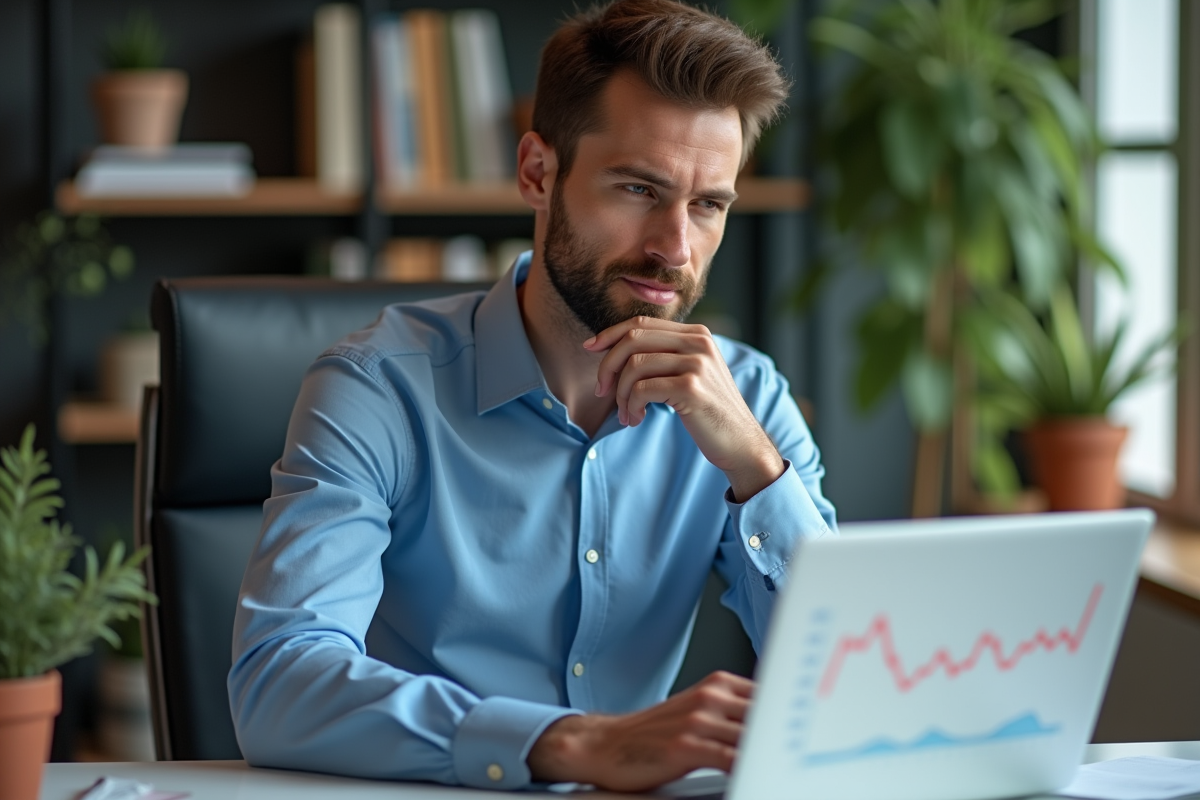 Homme pensif au bureau avec graphiques financiers