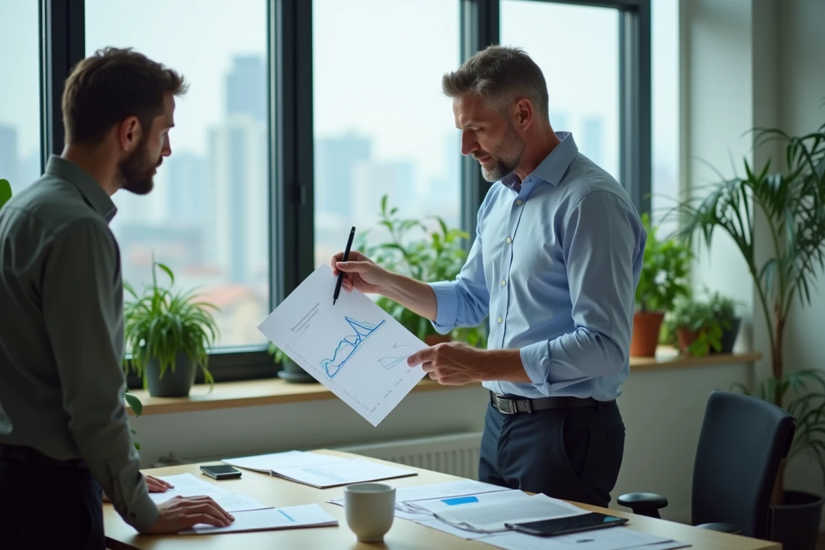 Homme d affaires explique un graphique dans un bureau moderne