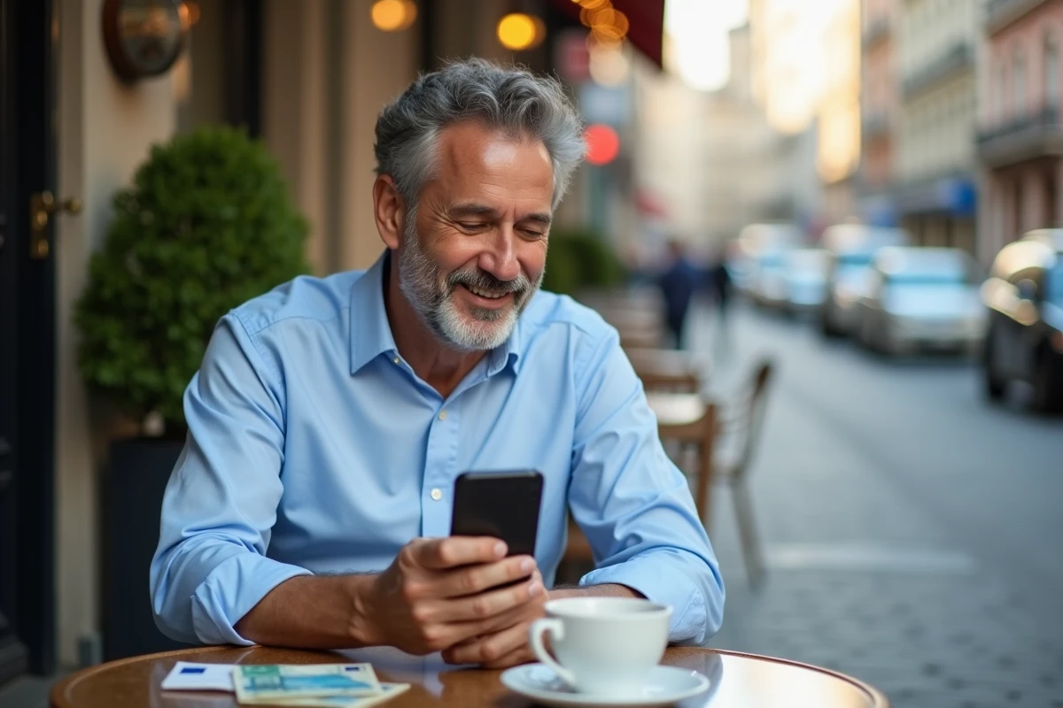 Homme souriant utilisant une application de devises au caf&eacute;