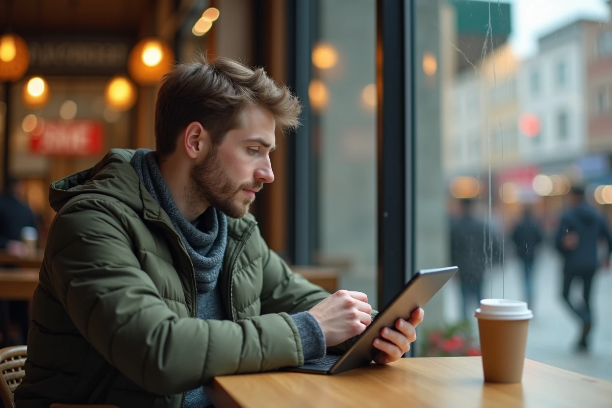 Homme au café utilisant une tablette dans un centre commercial