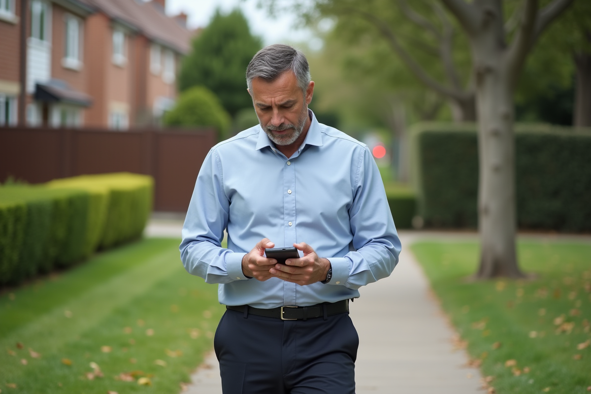 Homme utilisant une calculatrice sur smartphone dans la rue
