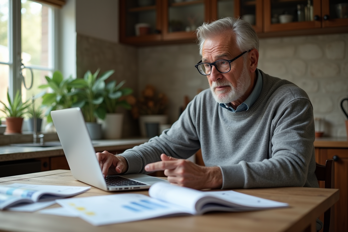Homme mature à la maison compare des brochures financières