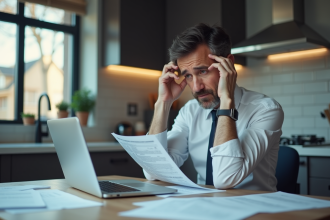 Homme d'âge moyen regardant un relevé bancaire avec inquiétude