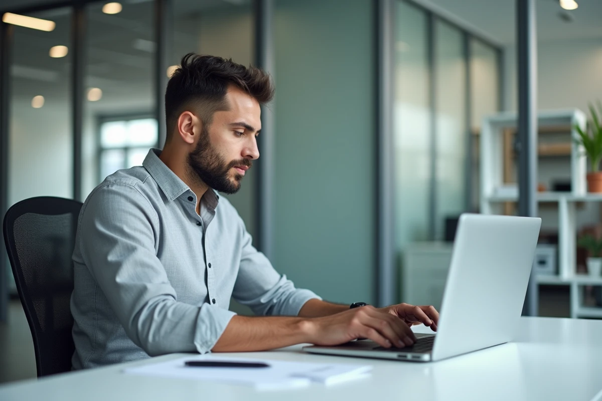 Homme consultant son espace client en ligne pour vérifier son assurance karapasse courtage