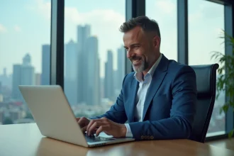Homme en costume bleu dans un bureau moderne