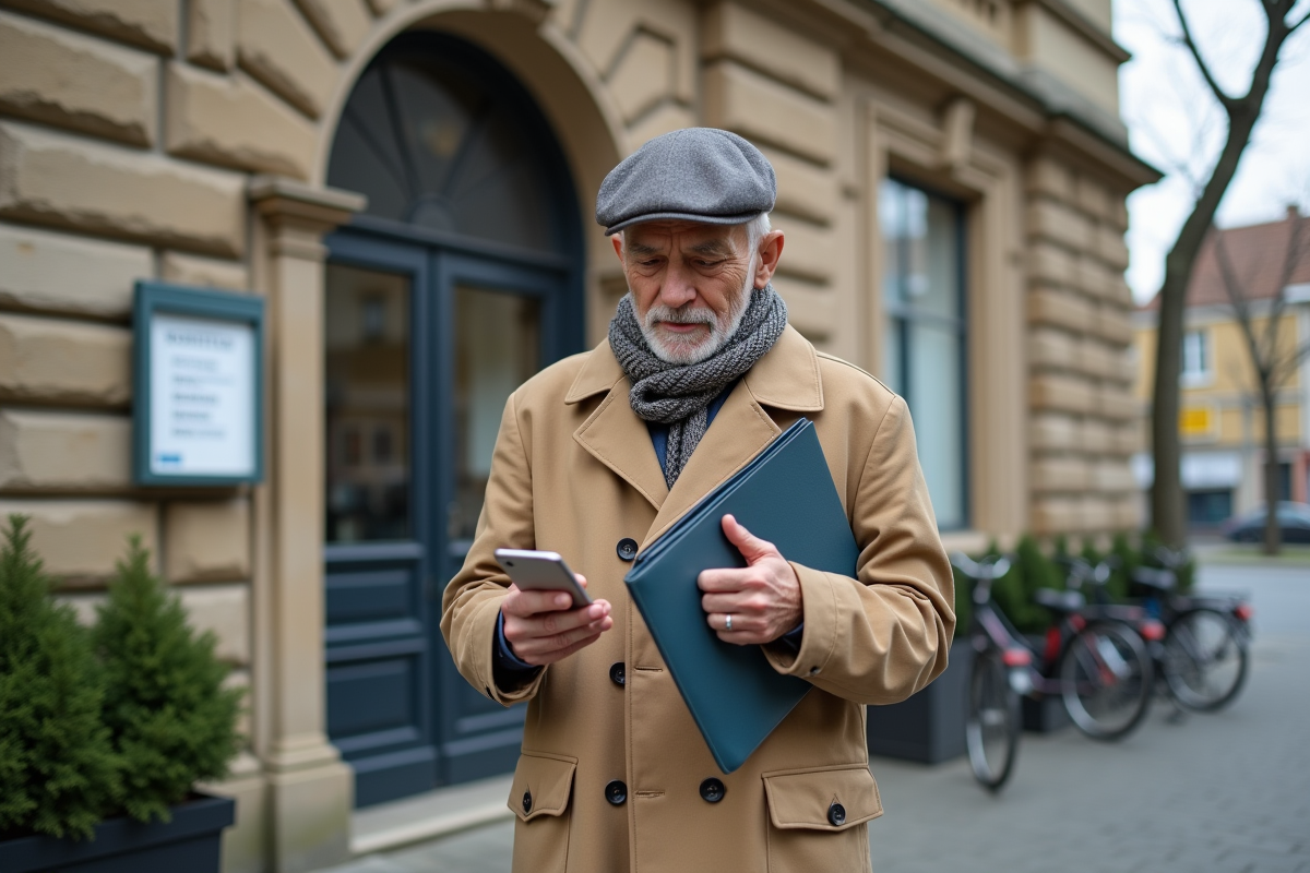 Homme âgé vérifiant son téléphone devant un bâtiment administratif