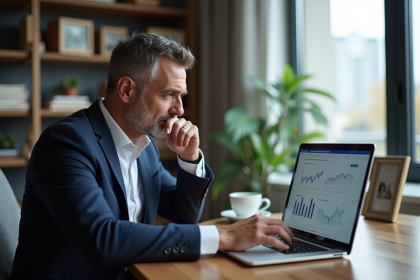 Homme en costume bleu analysant un prêt immobilier dans un bureau moderne