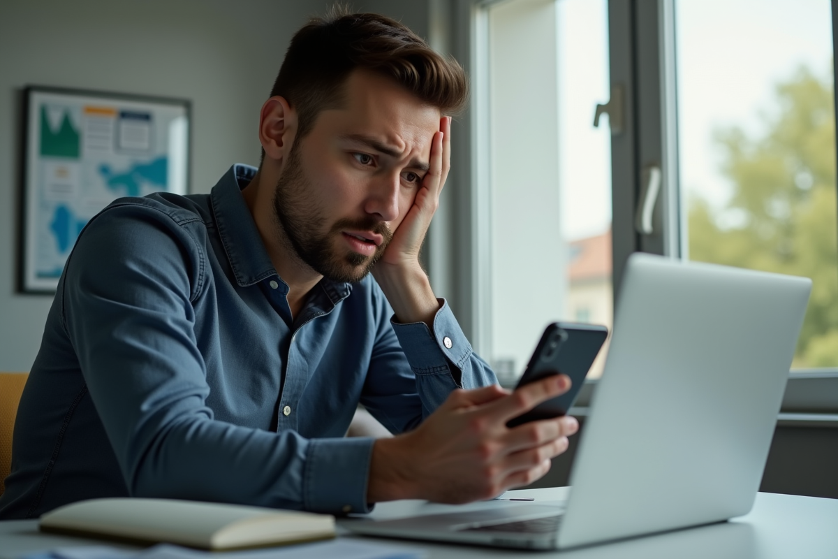 Homme inquiet vérifiant son application bancaire sur smartphone