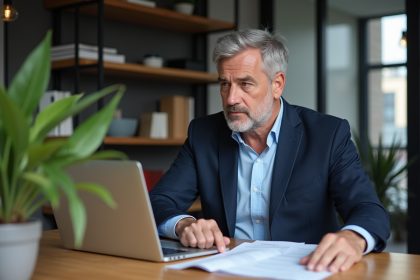 Homme d'&acirc;ge moyen en blazer regardant des documents d'investissement