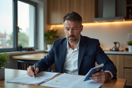 Homme d'âge moyen examine documents et passeport français