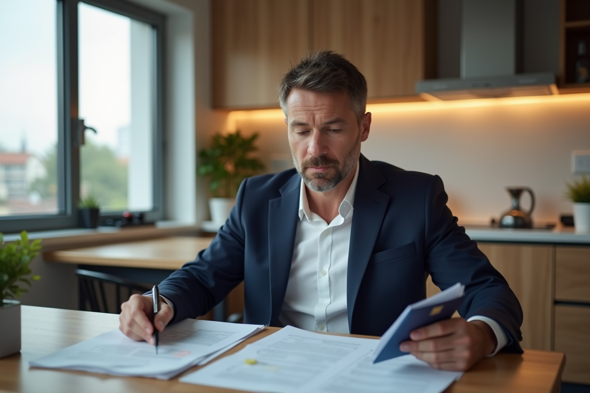 Homme d'âge moyen examine documents et passeport français