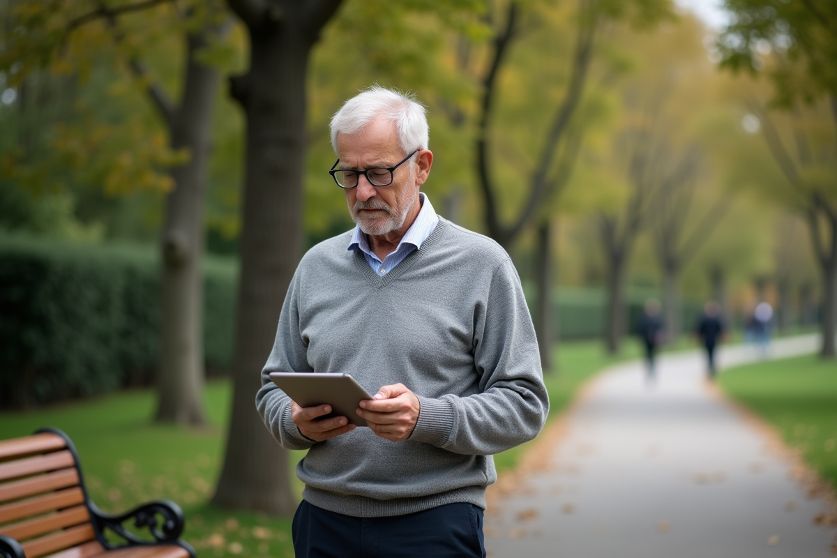 Homme âgé lisant des informations sur une tablette dans un parc