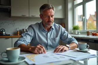 Homme d'âge moyen analysant tickets EuroMillions à la maison