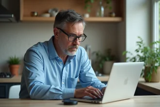 Homme d'âge moyen vérifiant le prix du bitcoin sur son ordinateur