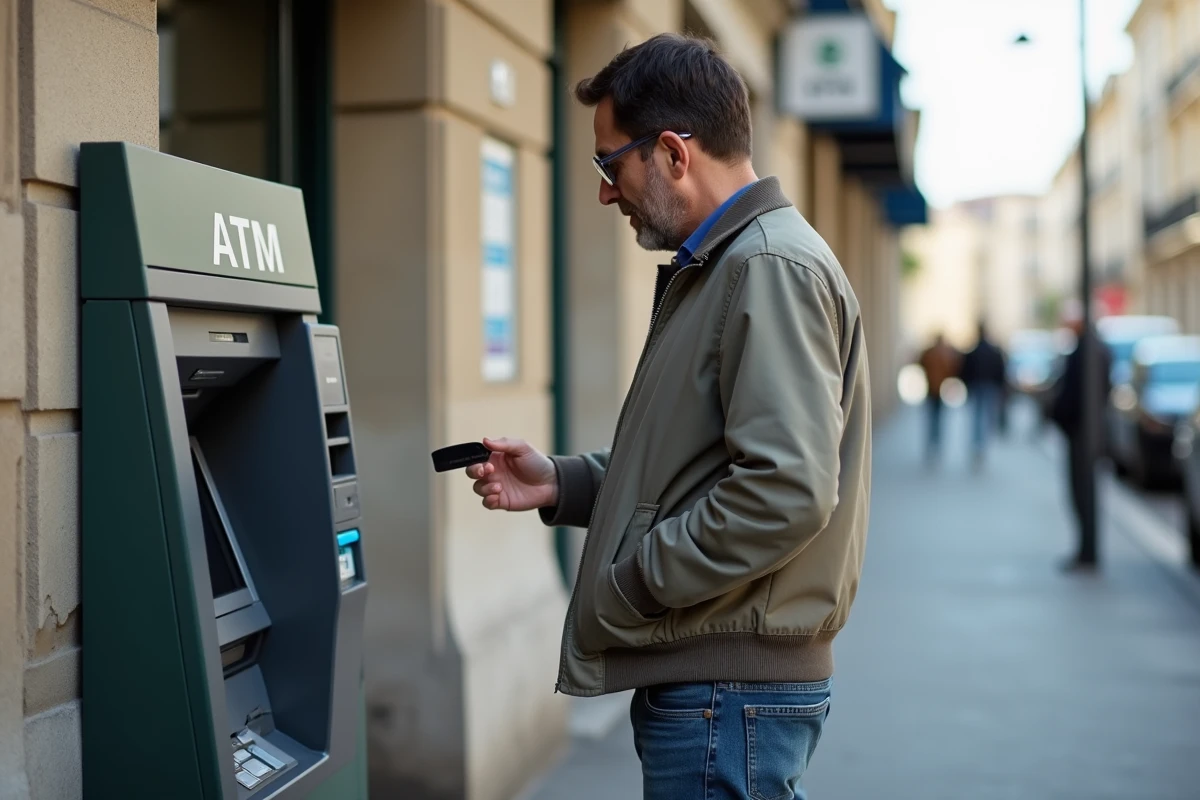 Homme d'âge moyen utilisant un distributeur à Paris