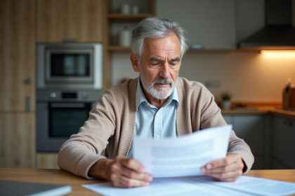 Homme de 67 ans examine des documents de retraite à la maison