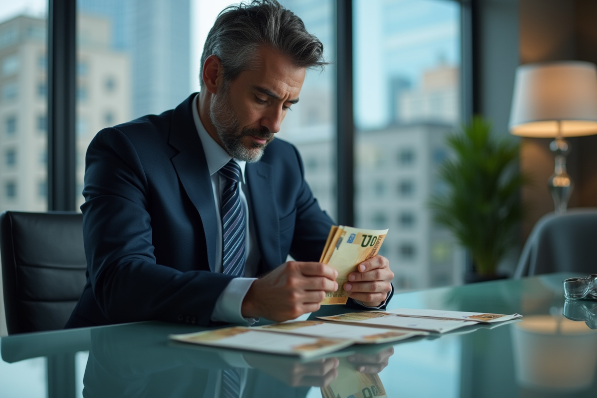 Homme en costume regardant des billets d'euros sur un bureau moderne