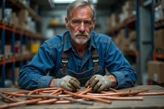 Homme d'âge moyen triant des câbles en atelier industriel