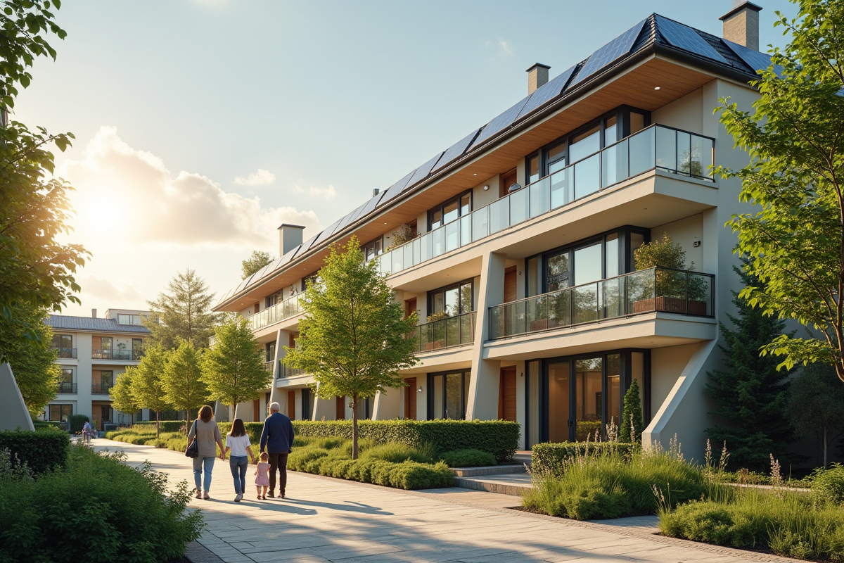 Immeuble écologique avec panneaux solaires et voisins discutant dehors