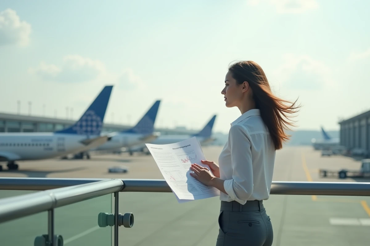 Jeune ingénieure aérospatiale regarde un rapport devant un hangar Airbus