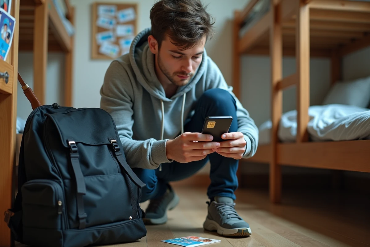 Voyageur insérant une carte SIM prépayée dans un smartphone dans un auberge de jeunesse