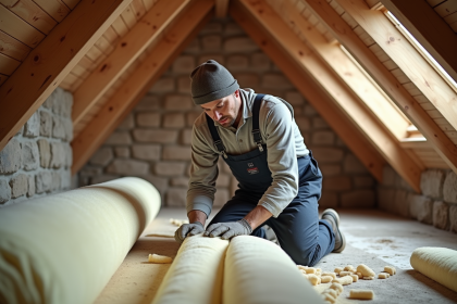 Homme en tenue de travail installant de la laine mineral dans un grenier