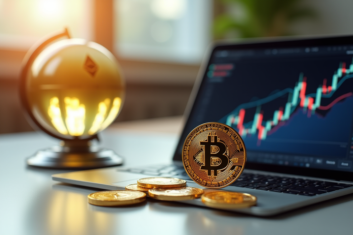 Pièces de Bitcoin et Ethereum sur un bureau moderne avec un globe numérique