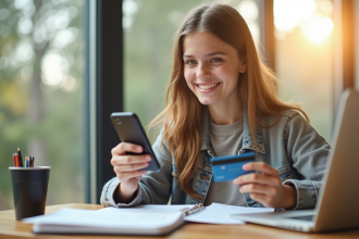 Adolescent souriant avec carte bancaire et smartphone