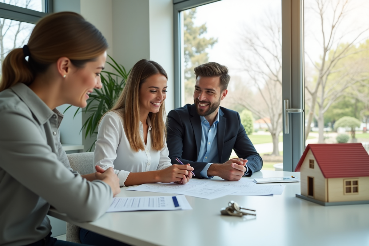 Jeune couple et agent immobilier souriants avec documents de prêt immobilier
