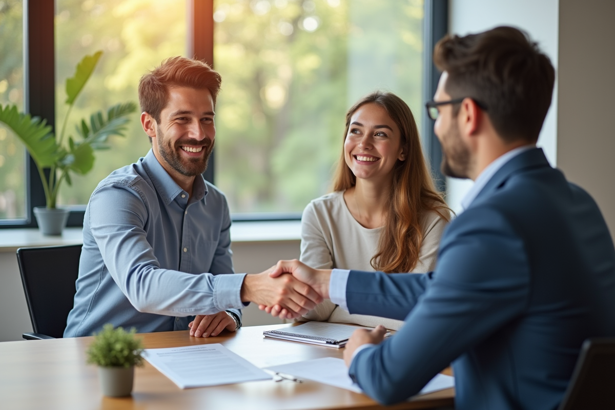 Jeune couple souriant signant un contrat immobilier dans un bureau lumineux