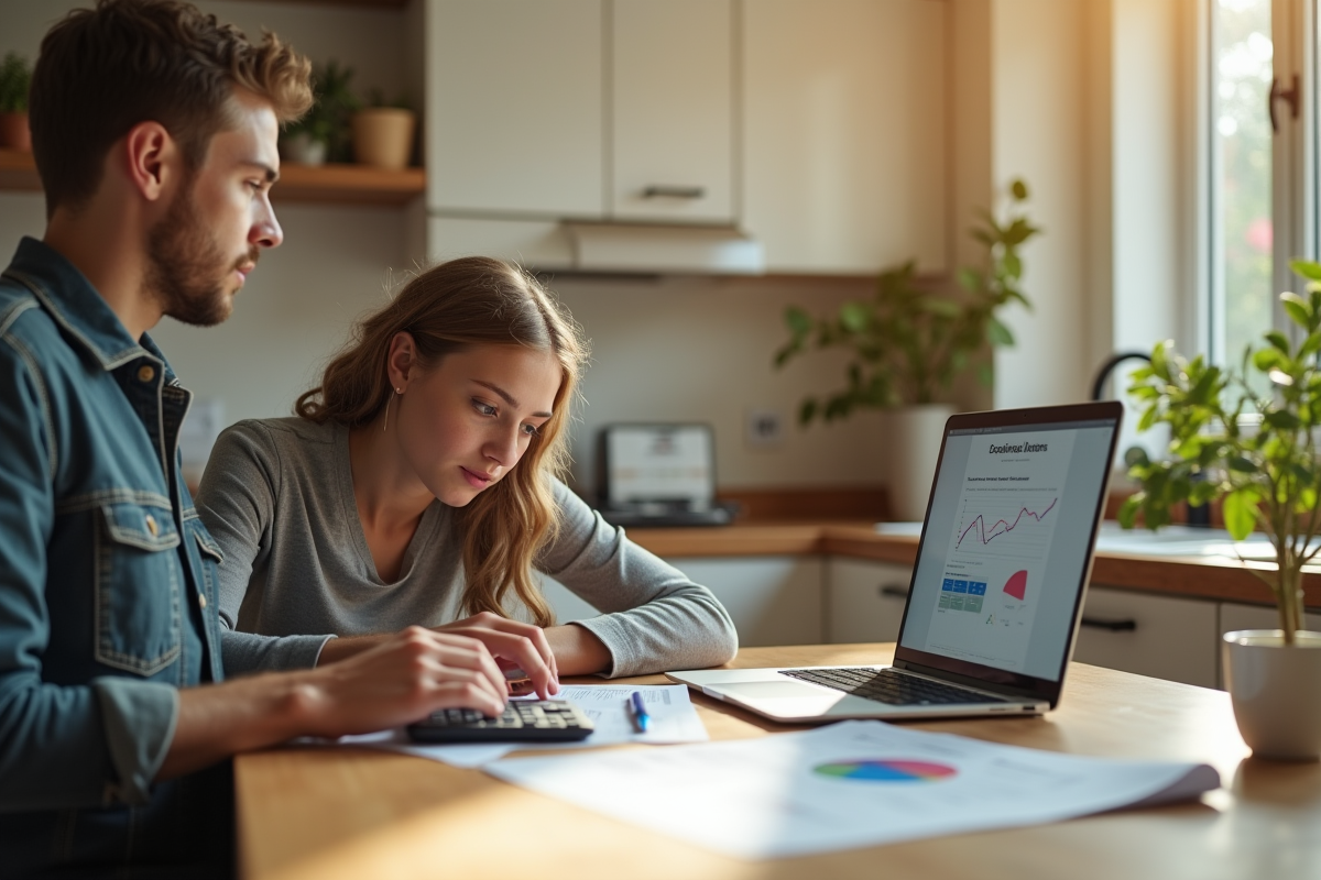 Jeune couple analysant des documents de prêt dans une cuisine lumineuse